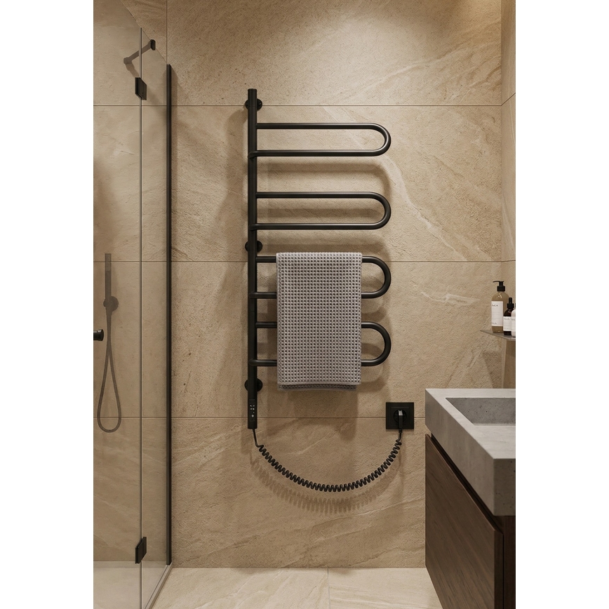 Scaldasalviette elettrico girevole ELECTRA 120W/230V 100x44,5 cm inox/nero, lato sinistro