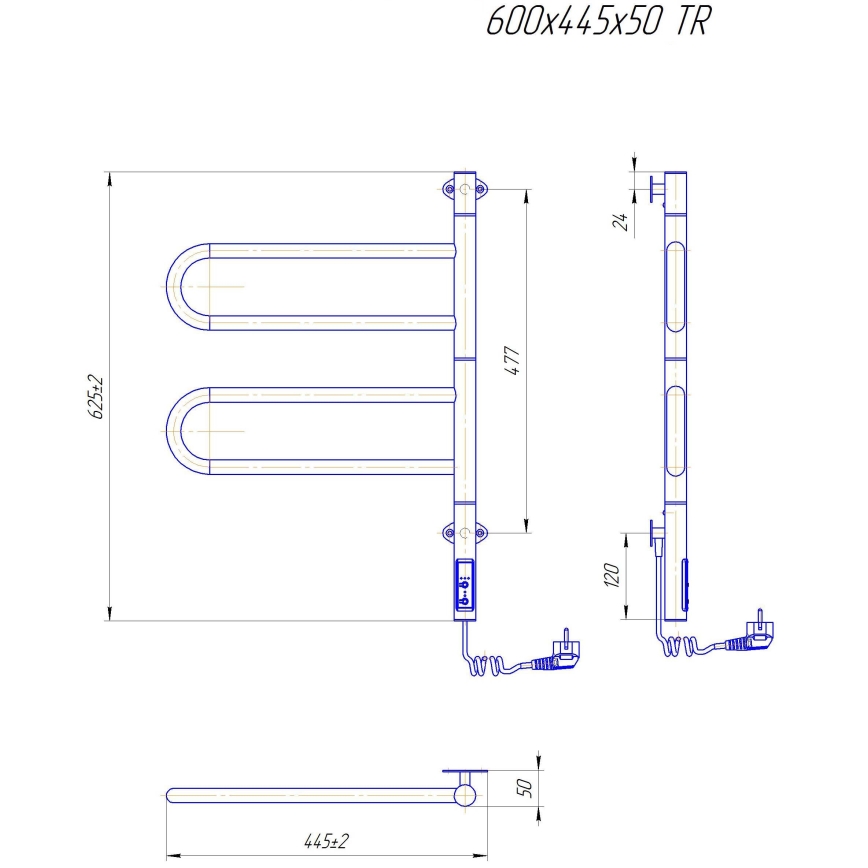 Scaldasalviette elettrico girevole per asciugamani TRISTAR 75W/230V 62,5x44,5 cm IP44 acciaio inox/cromo lucido