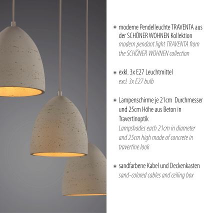 Schöner Wohnen 12541-42 - Lampada a sospensione su cavo TRAVENTA 3xE27/40W/230V in cemento