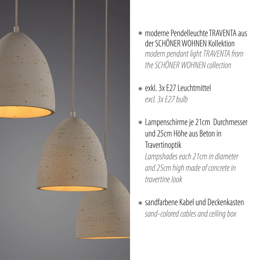 Schöner Wohnen 12541-42 - Lampada a sospensione su cavo TRAVENTA 3xE27/40W/230V in cemento