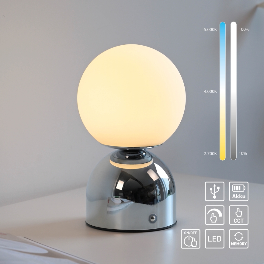 Schöner Wohnen 19218-17 - Lampada da tavolo ricaricabile dimmerabile a sfioramento RUDI LED 1,2 W / 5 V, 3000–6000 K, 1200 mAh, cromo lucido