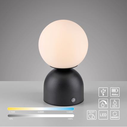 Schöner Wohnen 19218-18 - Lampada da tavolo ricaricabile LED dimmerabile con controllo touch RUDI LED/1,2W/5V 3000-6000K 1200 mAh nera