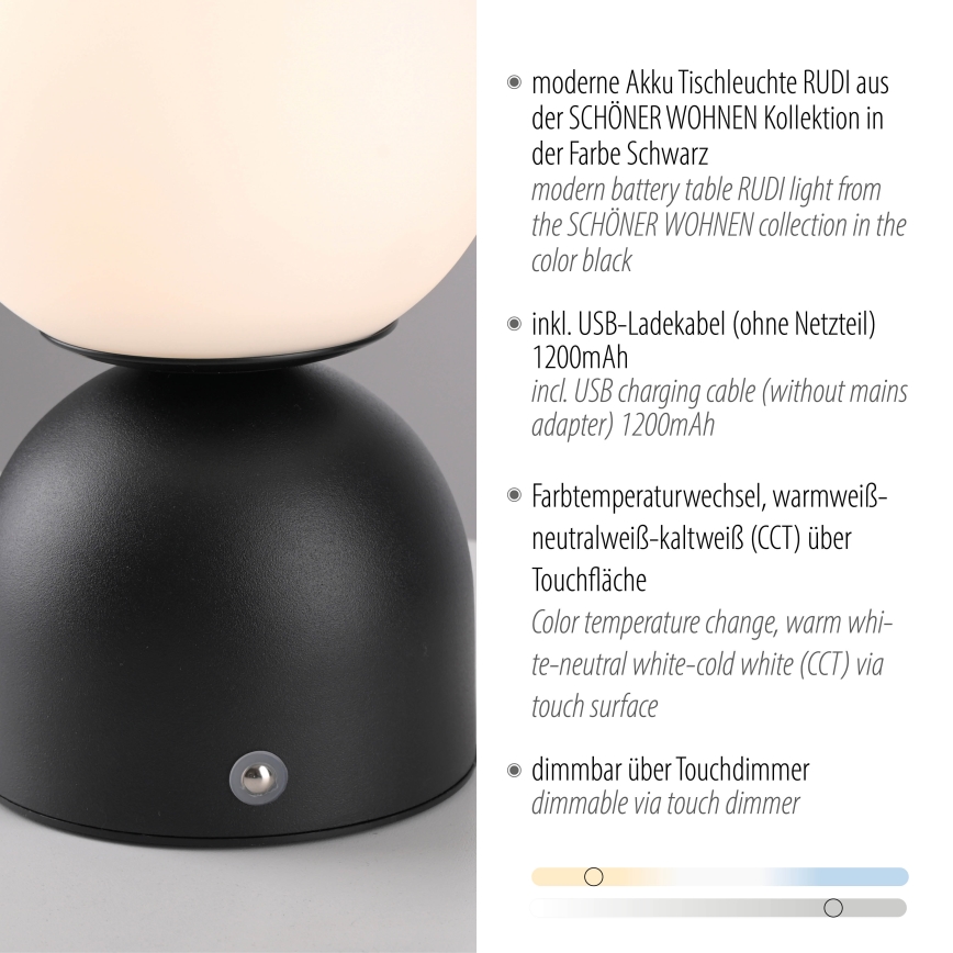 Schöner Wohnen 19218-18 - Lampada da tavolo ricaricabile LED dimmerabile con controllo touch RUDI LED/1,2W/5V 3000-6000K 1200 mAh nera