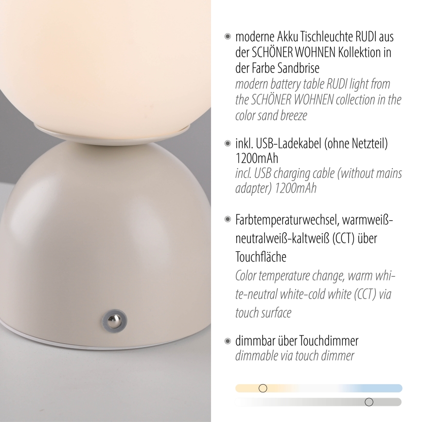 Schöner Wohnen 19218-39 - Lampada da tavolo ricaricabile LED dimmerabile a sfioramento RUDI LED/1,2W/5V 3000-6000K 1200 mAh grigio