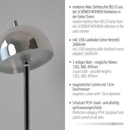 Schöner Wohnen 19245-17 - Lampada da terra per esterni ricaricabile dimmerabile a sfioramento BELLIS LED/2,5W/5V 2600 mAh IP54 cromo lucido