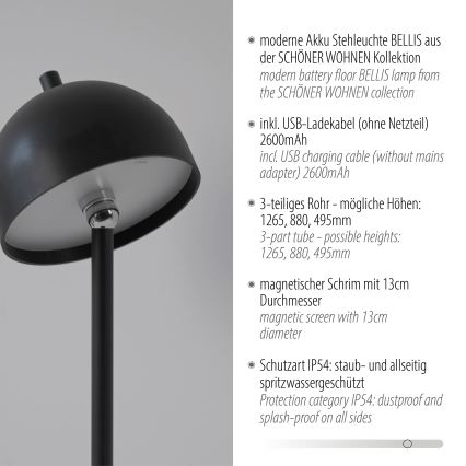 Schöner Wohnen 19245-18 - Lampada da terra ricaricabile da esterno a LED dimmerabile con controllo touch BELLIS LED/2,5W/5V 2600 mAh IP54 nero