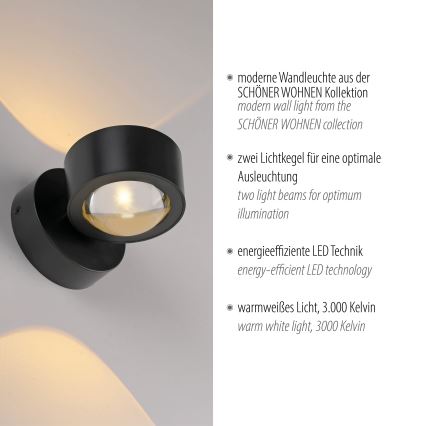Schöner Wohnen 19331-18 - Lampada da parete LED CHIA 2xLED/2W/230V, nero