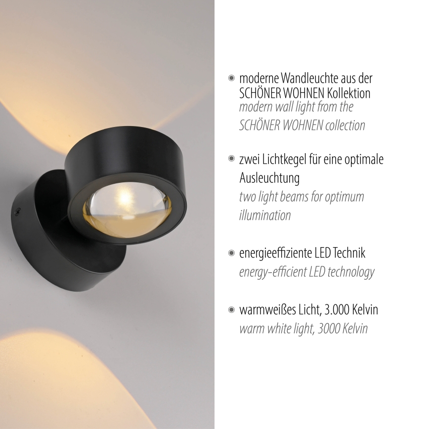 Schöner Wohnen 19331-18 - Lampada da parete LED CHIA 2xLED/2W/230V, nero