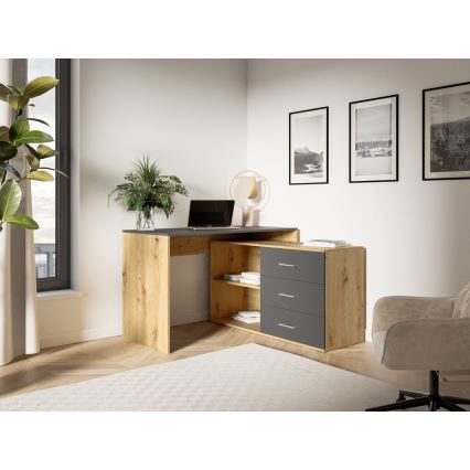 Scrivania con cassetti e angolo reversibile destro/sinistro JULES, rovere artisan/antracite