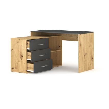 Scrivania con cassetti e angolo reversibile destro/sinistro JULES, rovere artisan/antracite