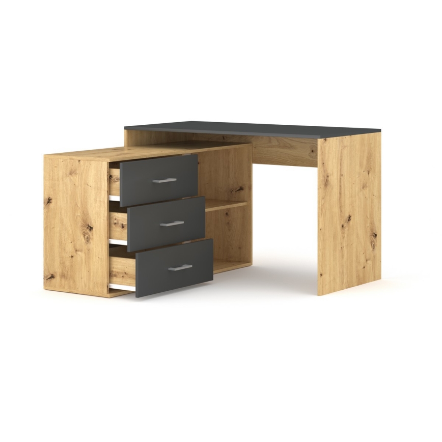 Scrivania con cassetti e angolo reversibile destro/sinistro JULES, rovere artisan/antracite