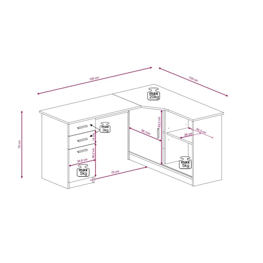Scrivania con mensola e cassetti ROBERTO lato sinistro rovere artisan/bianco
