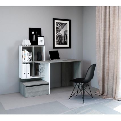 Scrivania con mensola MARLO grigio cemento/bianco