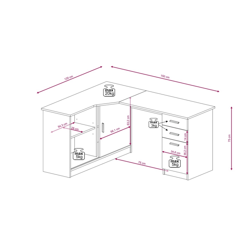 Scrivania con ripiano e cassetti ROBERTO, lato destro, rovere artisan/bianco