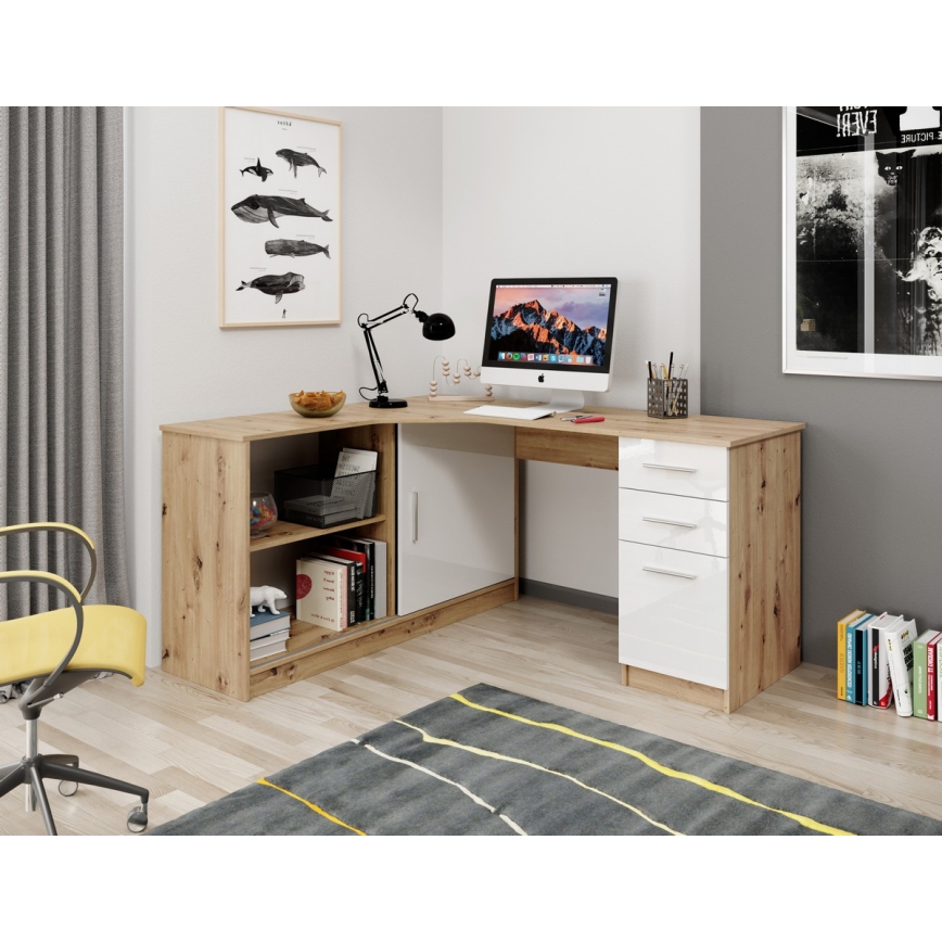 Scrivania con ripiano e cassetti ROBERTO, versione sinistra, 150x120 cm, rovere artisan/bianco