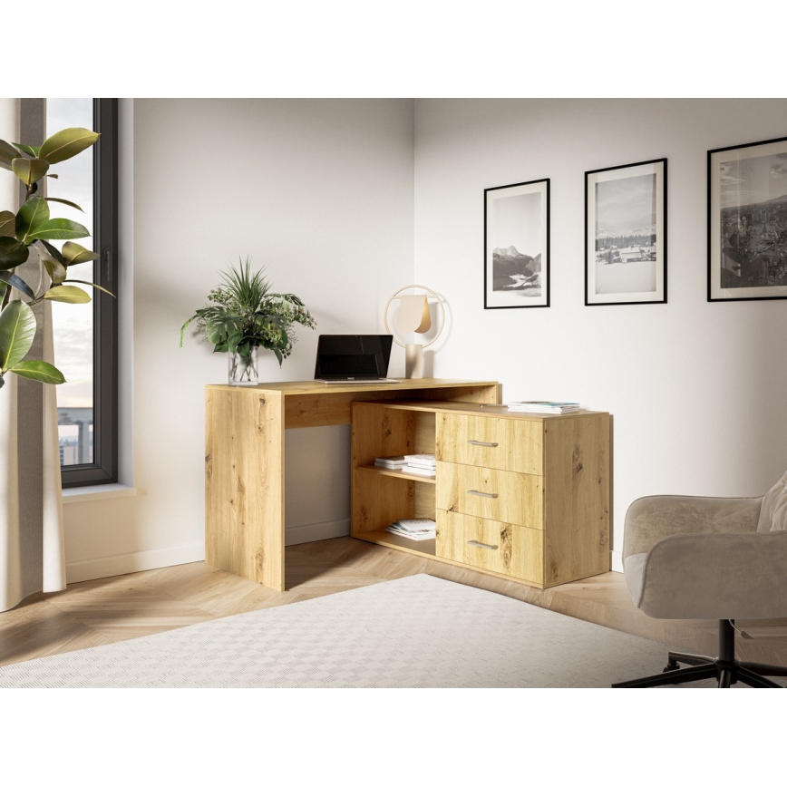 Scrivania moderna con cassetti e angolo universale reversibile (dx/sx) JULES, finitura rovere artisan