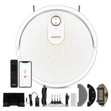 Sencor - Aspirapolvere robot smart con uno spazzolone 2in1 28W/2600 mAh Wi-Fi bianco + telecomando