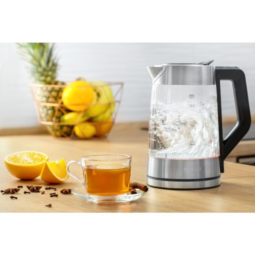 Sencor - Bollitore elettrico con regolazione della temperatura 1,7 l 2200 W/230 V cromo opaco/nero