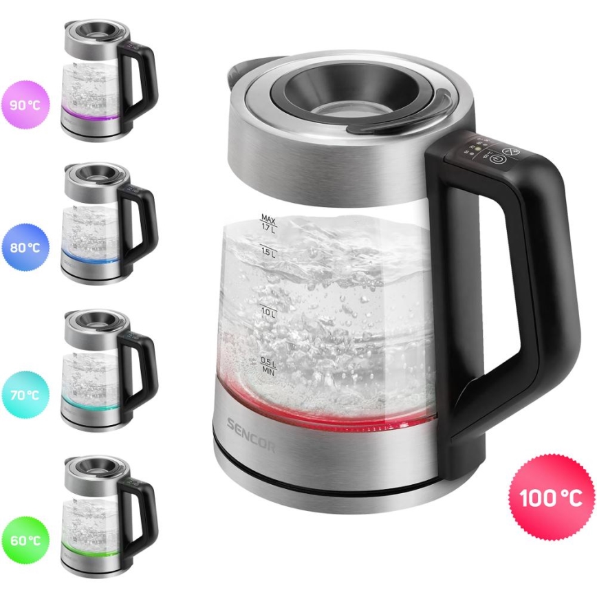 Sencor - Bollitore elettrico con regolazione della temperatura 1,7 l 2200 W/230 V cromo opaco/nero