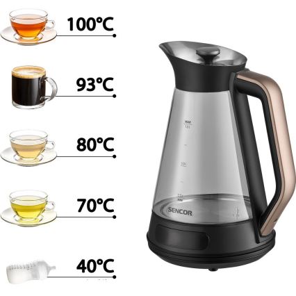 Sencor - Bollitore elettrico rapido con termoregolazione 1,5 l 2150W/230V nero/oro rosa