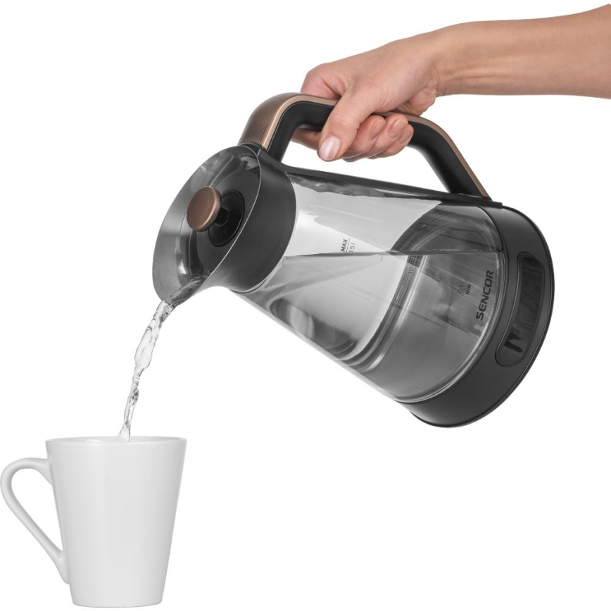 Sencor - Bollitore elettrico rapido con termoregolazione 1,5 l 2150W/230V nero/oro rosa