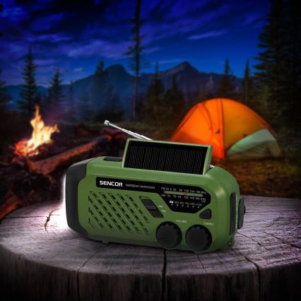 Sencor - Campeggio radio con pannello solare e Torcia LED con gancio e magnete 5V/2000 mAh IPX4 verde