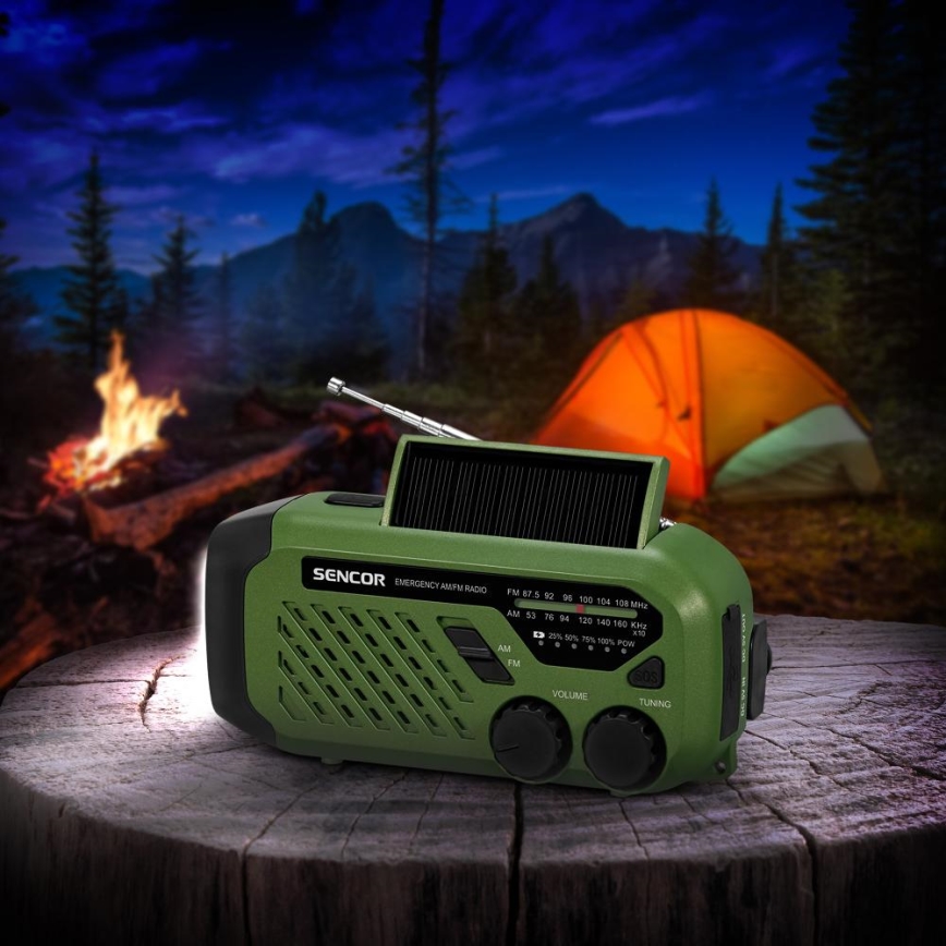 Sencor - Campeggio radio con pannello solare e Torcia LED con gancio e magnete 5V/2000 mAh IPX4 verde
