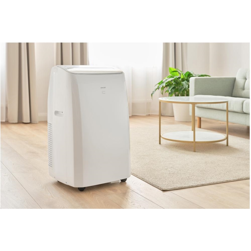 Sencor - Climatizzatore portatile intelligente 5 in 1 con accessori completi 733W/230V 9000 BTU Wi‑Fi bianco + telecomando
