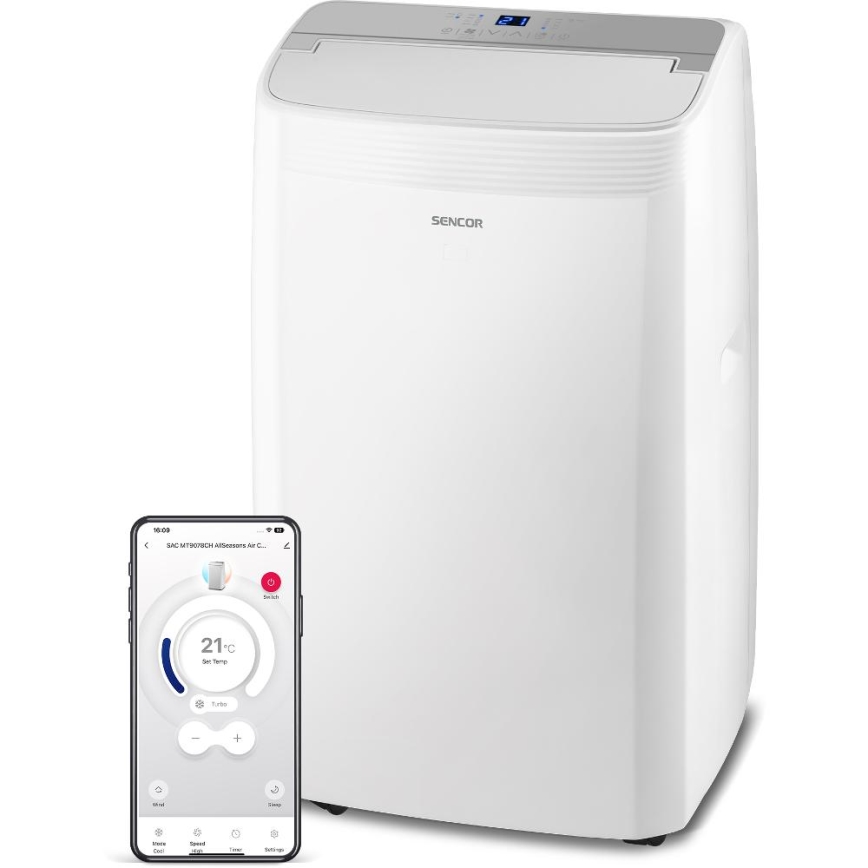 Sencor - Climatizzatore portatile intelligente 5 in 1 con accessori completi 733W/230V 9000 BTU Wi‑Fi bianco + telecomando