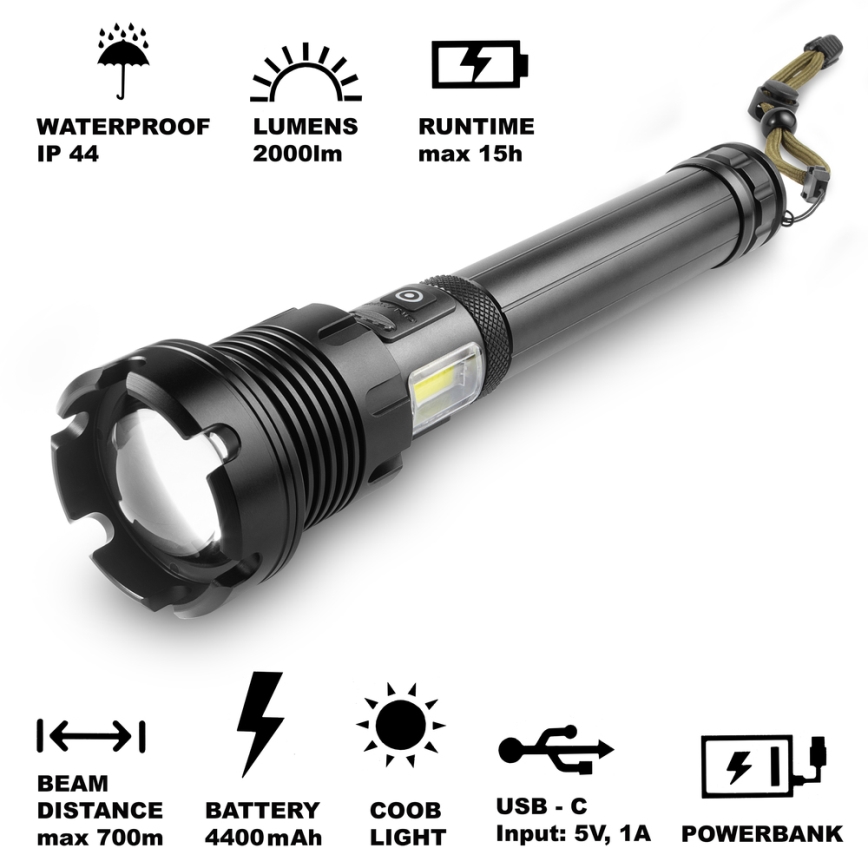 Sencor - LED Torcia elettrica ricaricabile in alluminio con funzione di power bank LED/10W/4400 mAh 2000 lm IP44