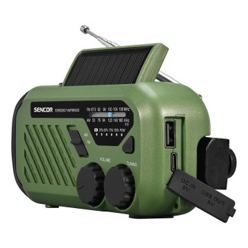 Sencor - Radio da campeggio a manovella con pannello solare e torcia LED 5V/2000 mAh IPX4 verde