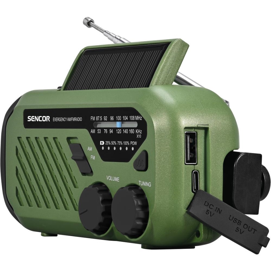 Sencor - Radio da campeggio con pannello solare e torcia LED 5V/2000 mAh IPX4 verde