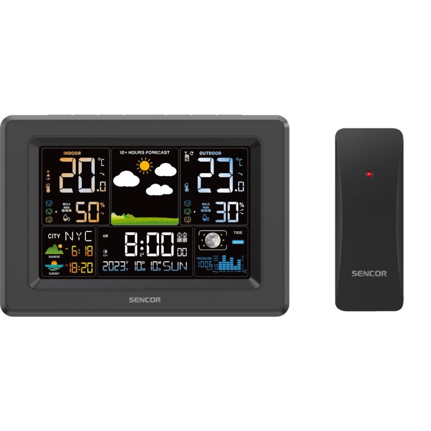 Sencor - Stazione meteo con display LCD a colori, 3xAA + 2xAA, nera
