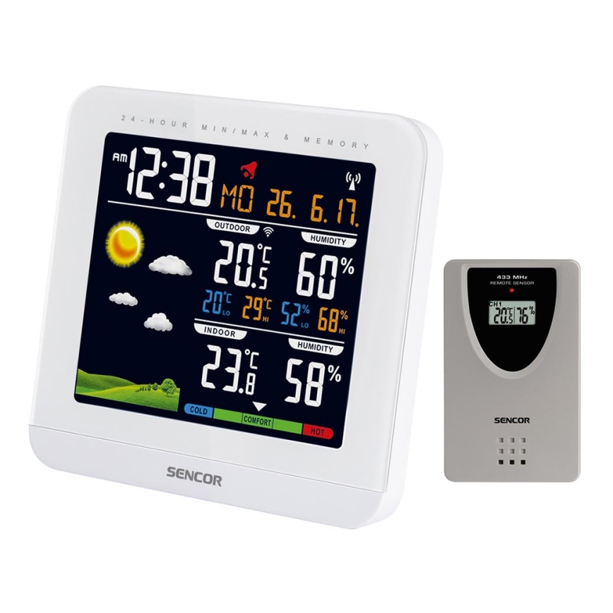 Sencor - Stazione meteo con display LCD a colori e sveglia 3xAAA + 2xAAA bianco