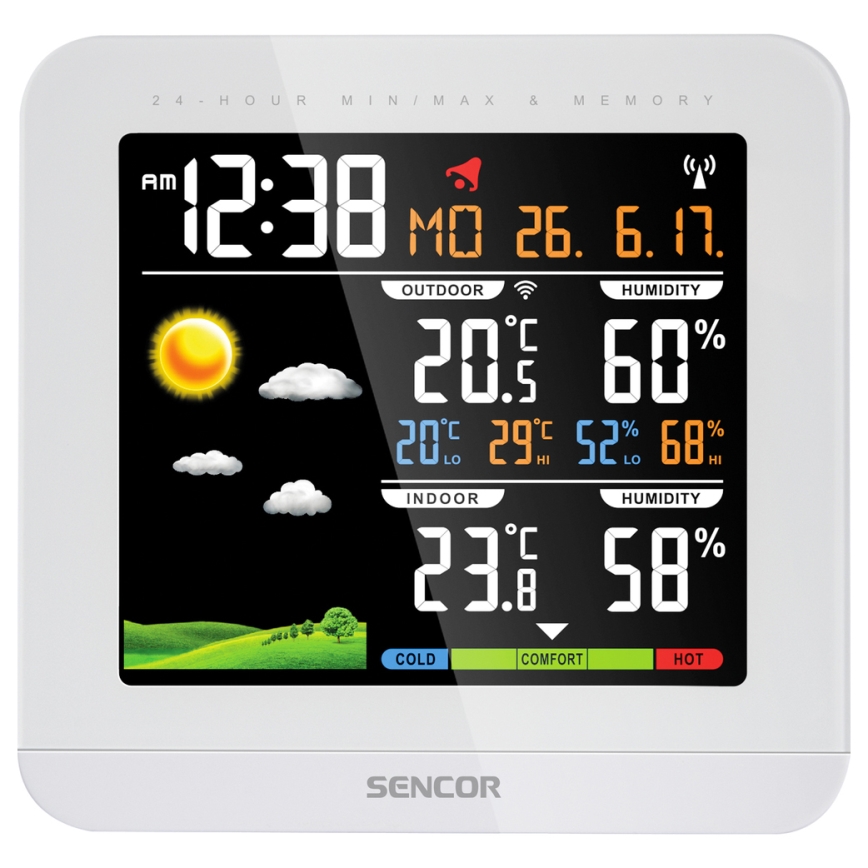 Sencor - Stazione meteo con display LCD a colori e sveglia 3xAAA + 2xAAA bianco