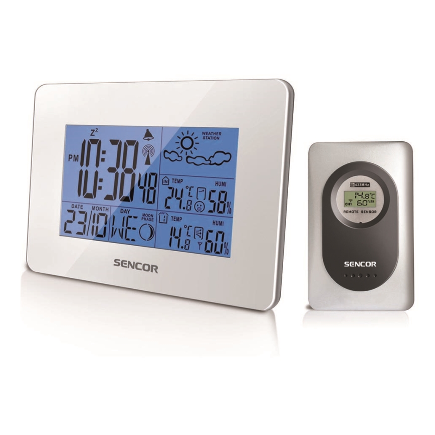 Sencor - Stazione meteo con display LCD e sveglia 3xAA + 2xAAA bianco