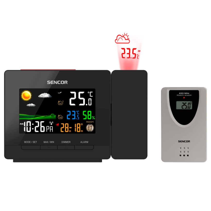 Sencor - Stazione meteo con colore LCD display, sveglia e proiettore 2xAA + 2xAAA