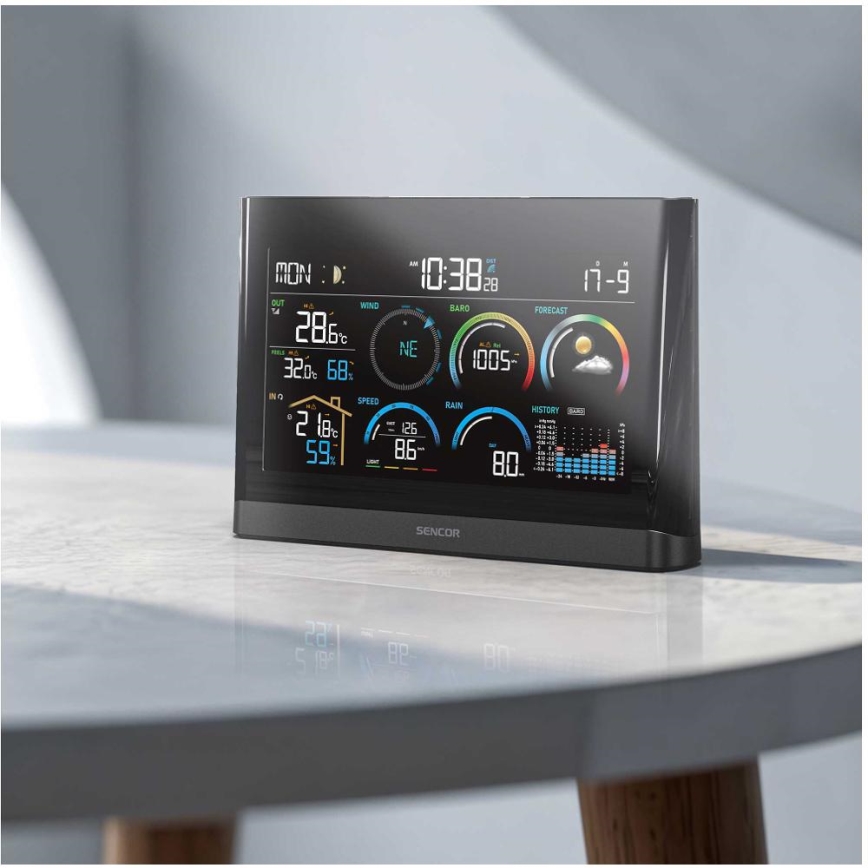 Sencor - Stazione meteo professionale con display LCD a colori e sveglia 5V/3xAAA + 3xAA