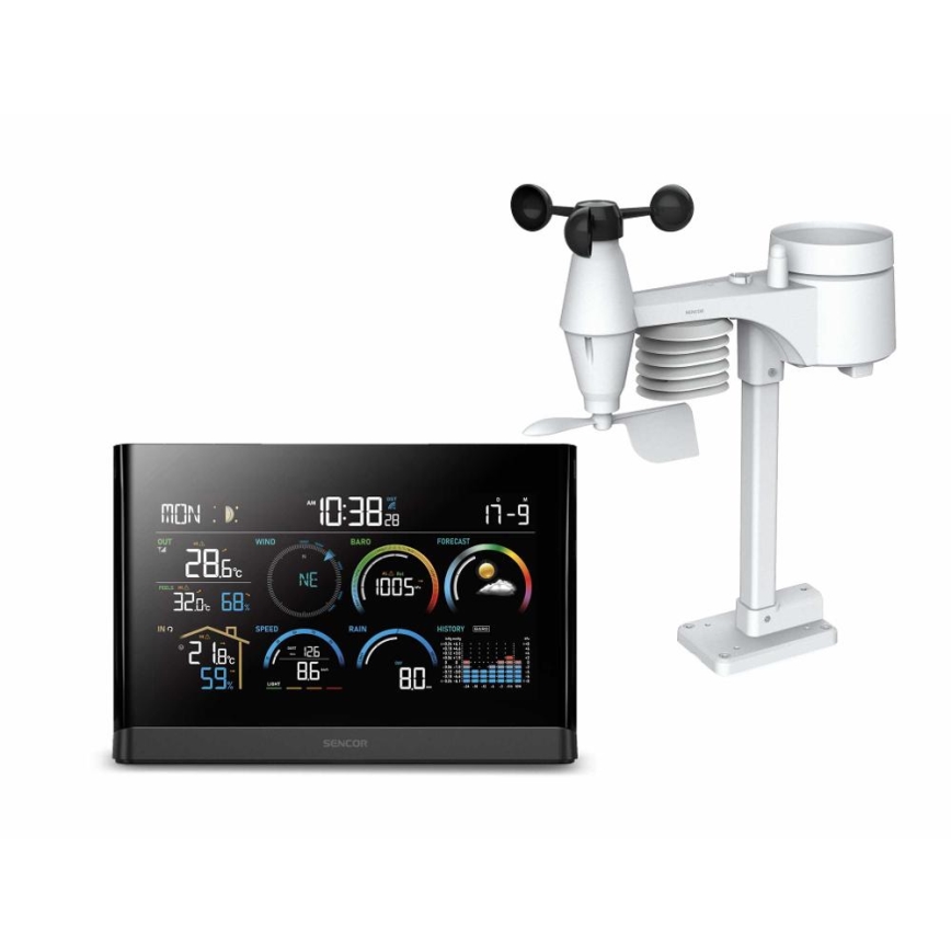 Sencor - Stazione meteo professionale con display LCD a colori e sveglia 5V/3xAAA + 3xAA