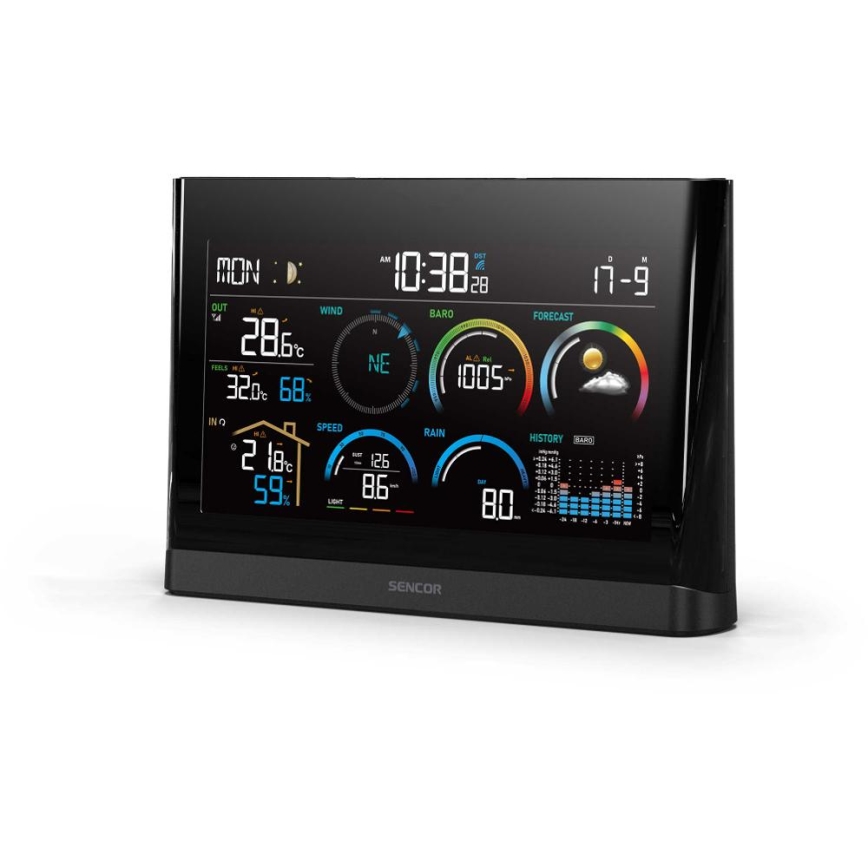 Sencor - Stazione meteo professionale con display LCD a colori e sveglia 5V/3xAAA + 3xAA