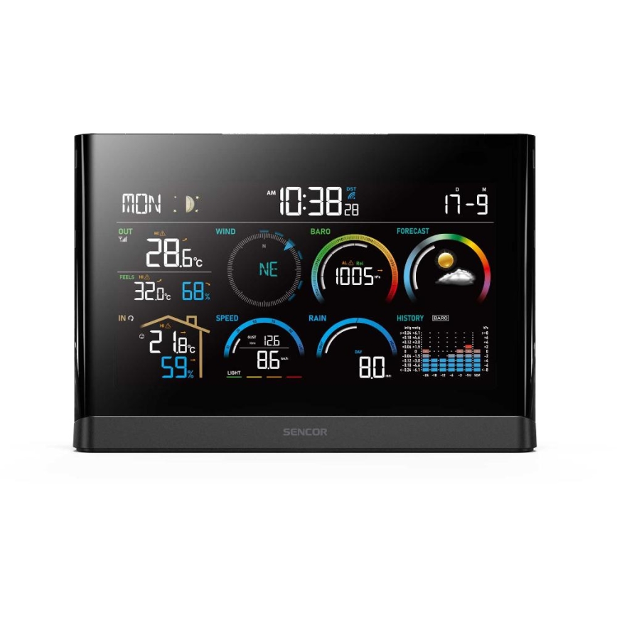 Sencor - Stazione meteo professionale con display LCD a colori e sveglia 5V/3xAAA + 3xAA