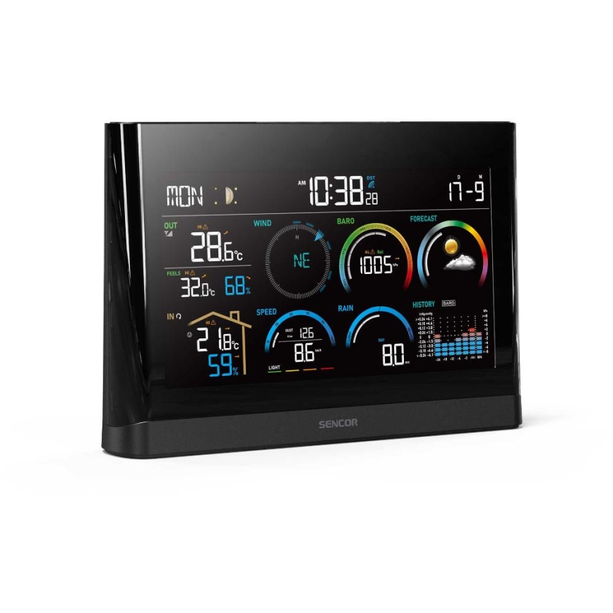 Sencor - Stazione meteo professionale con display LCD a colori e sveglia 5V/3xAAA + 3xAA