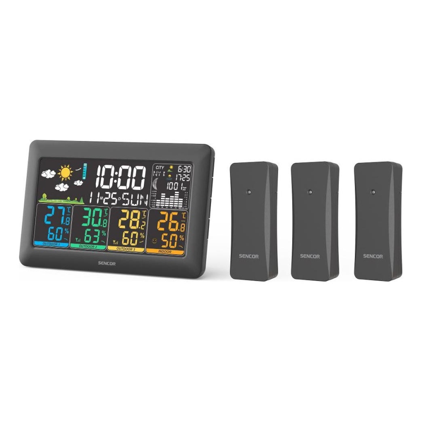 Sencor - Stazione meteorologica con display LCD a colori + 3 sensori 3xAA + 6xAA nero