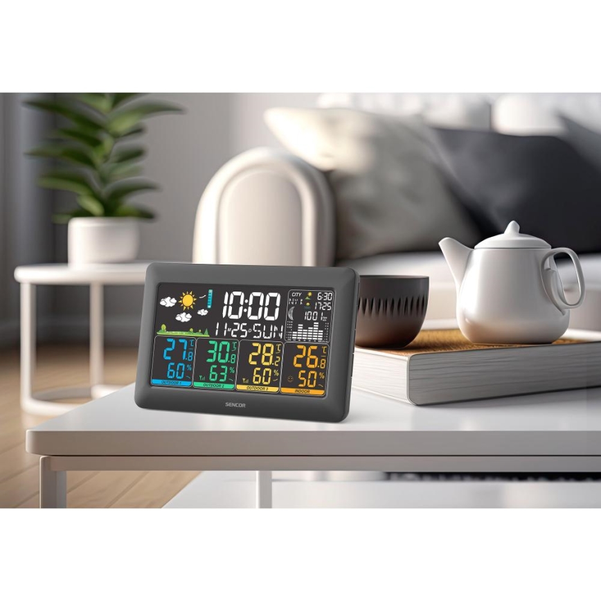 Sencor - Stazione meteorologica con display LCD a colori + 3 sensori 3xAA + 6xAA nero