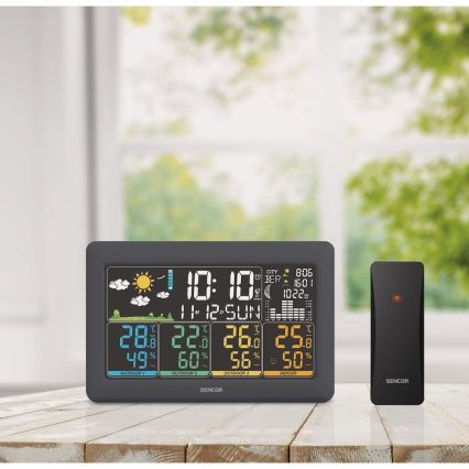 Sencor - Stazione meteorologica con display LCD a colori + 3 sensori 3xAA + 6xAA nero