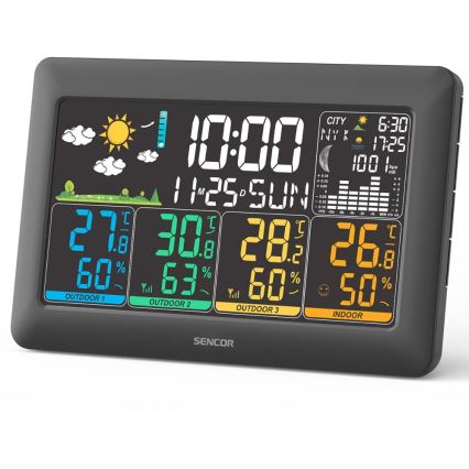 Sencor - Stazione meteorologica con display LCD a colori + 3 sensori 3xAA + 6xAA nero