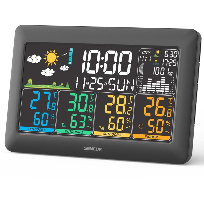Sencor - Stazione meteorologica con display LCD a colori + 3 sensori 3xAA + 6xAA nero
