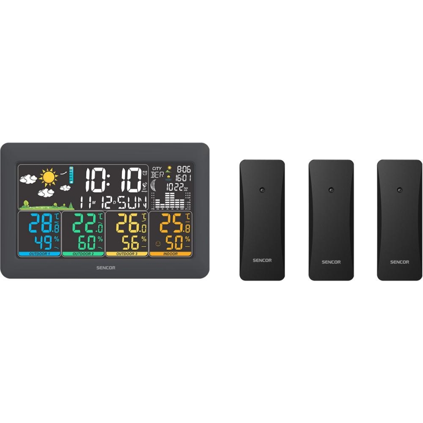 Sencor - Stazione meteorologica con display LCD a colori + 3 sensori 3xAA + 6xAA nero