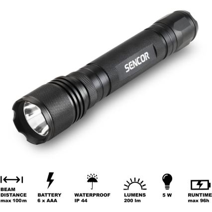 Sencor - Torcia LED in alluminio LED/5W/6xAAA IP44 nero