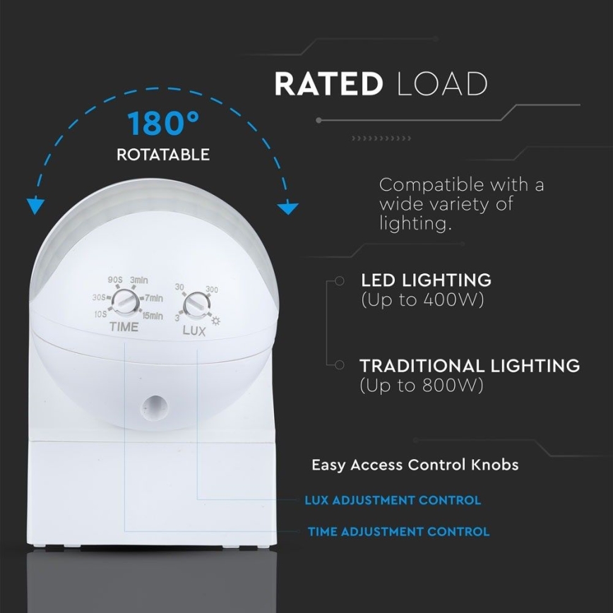 Sensore di movimento PIR 180° 800W/230V IP44 bianco